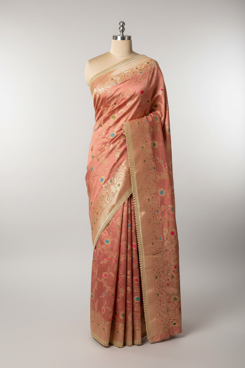 Mauve Peach Pemium Dupion Silk Lace Work Banarasi Saree