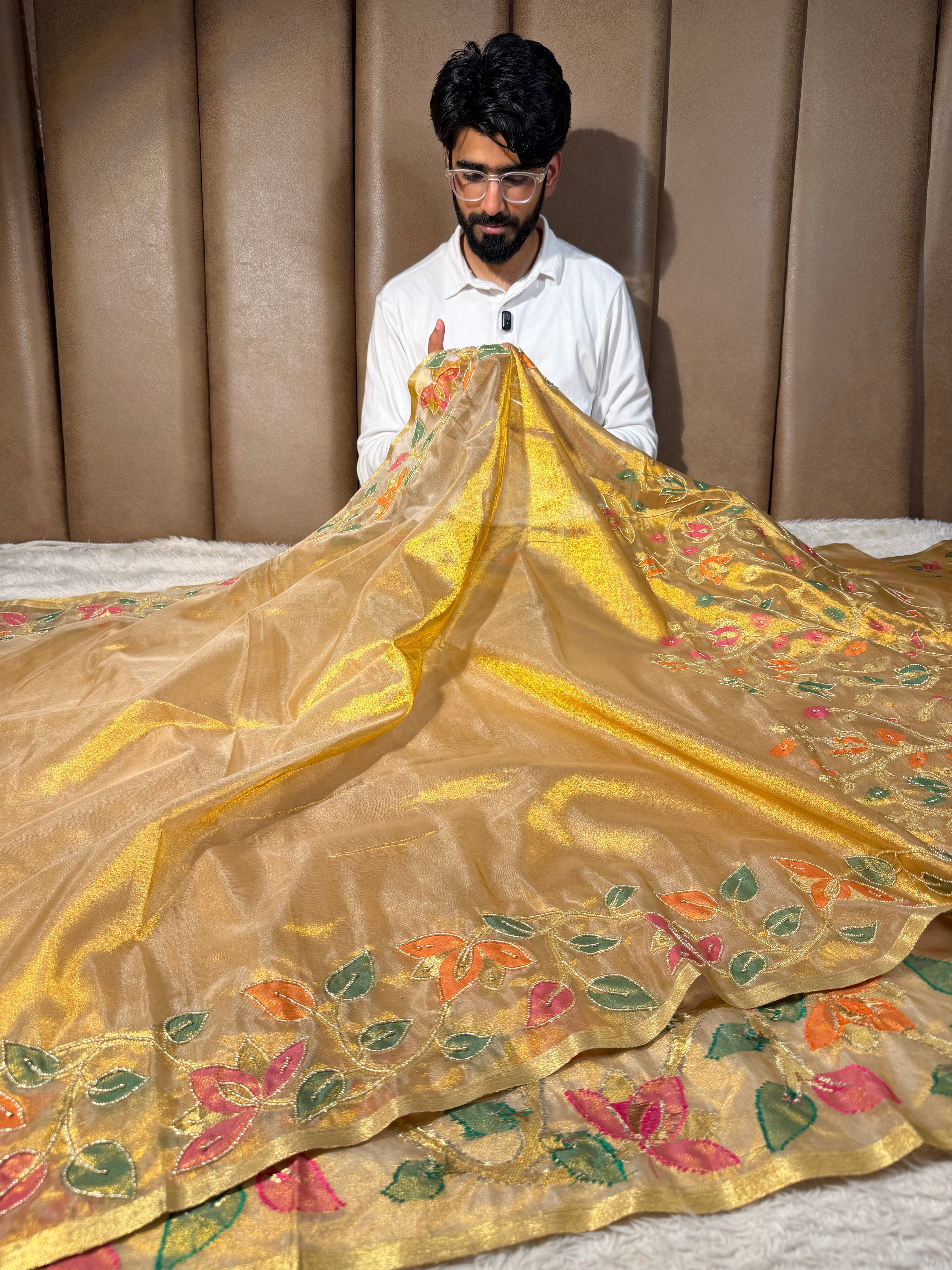 Copper Gold Kora Tissue Floral Handwork Saree