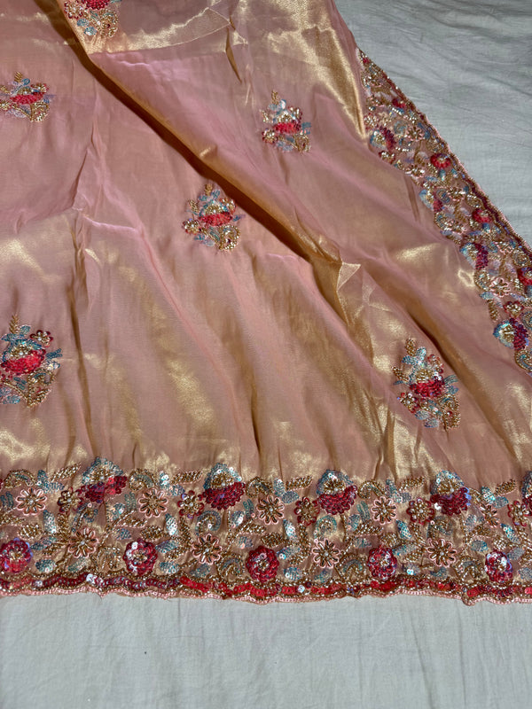 Subtle Mauve Peach Shimmery Tissue Silk Handwork Saree