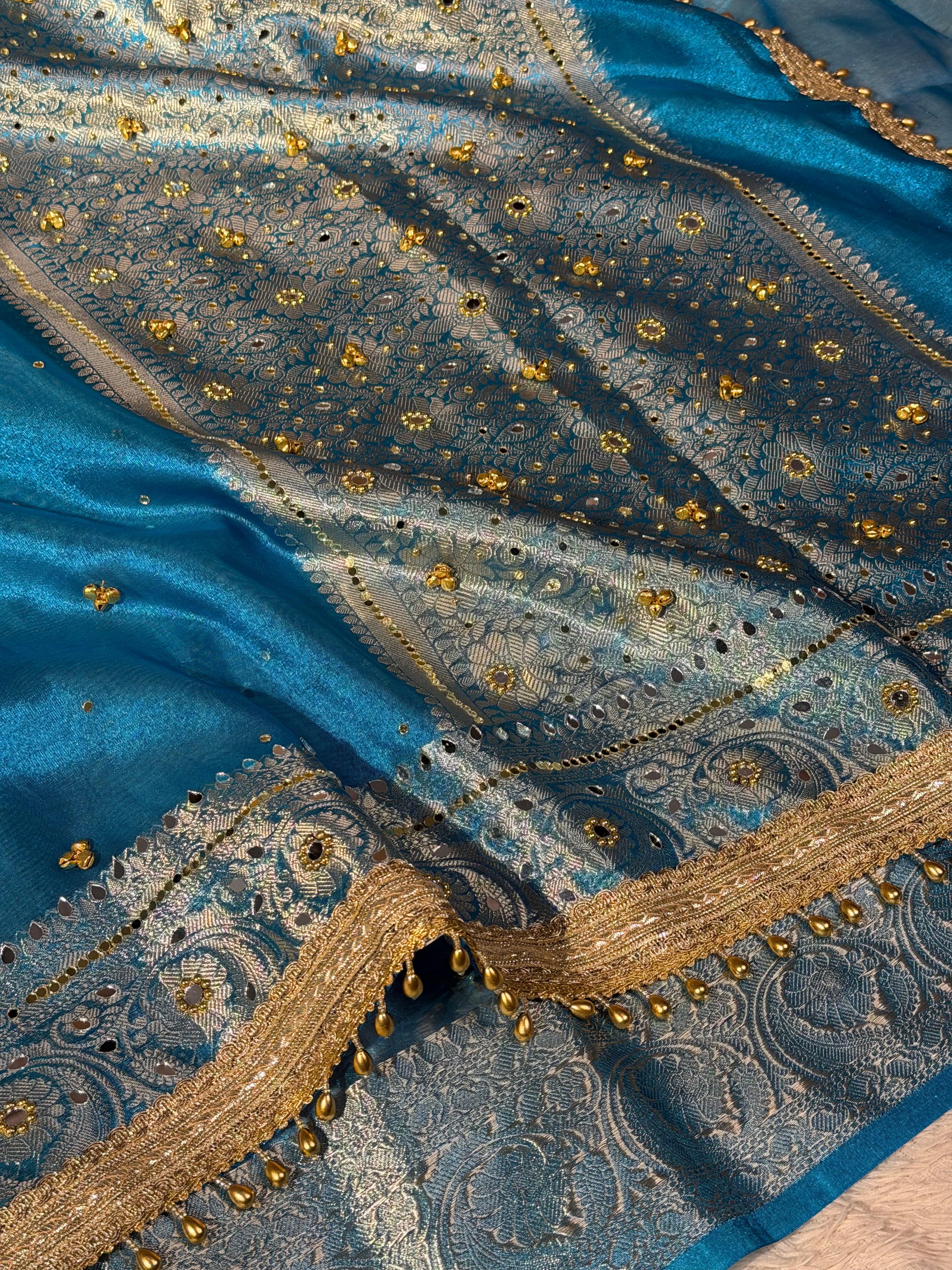 Firozi Blue Kora Tissue Viral Ghungroo Saree