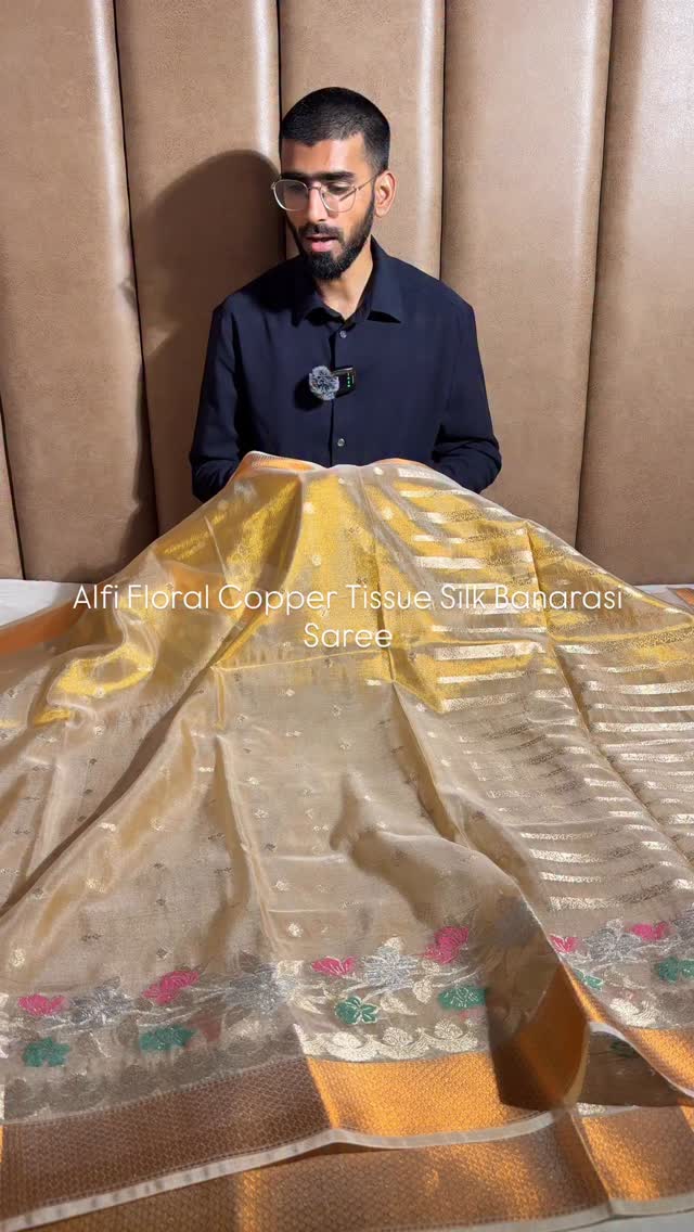 Alfi Floral Border Weave Copper Tissue Silk Banarasi Saree with Traditional Design
