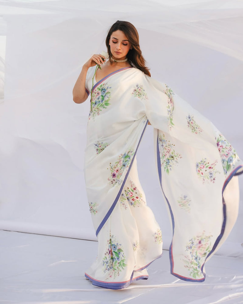 Alia Bhat Inspired Georgette Satin Saree with Digital Print