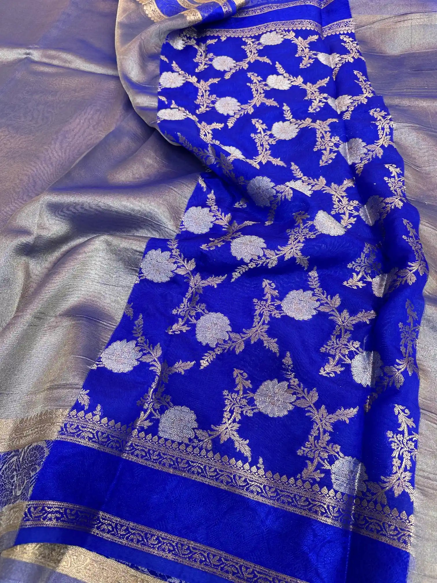Alluring Royal Blue Glass Tissue Silk Banarasi Saree