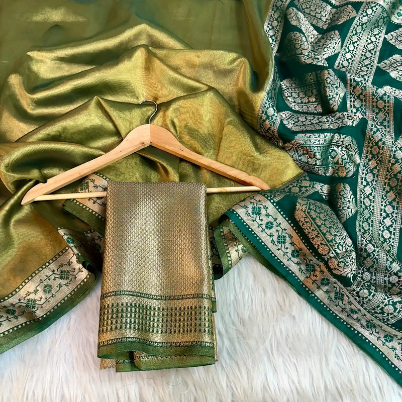 Alluring Metallic Mehendi Green Glass Tissue Silk Saree