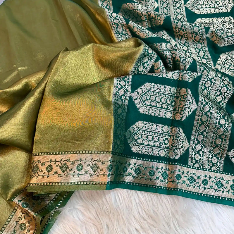 Alluring Metallic Mehendi Green Glass Tissue Silk Saree