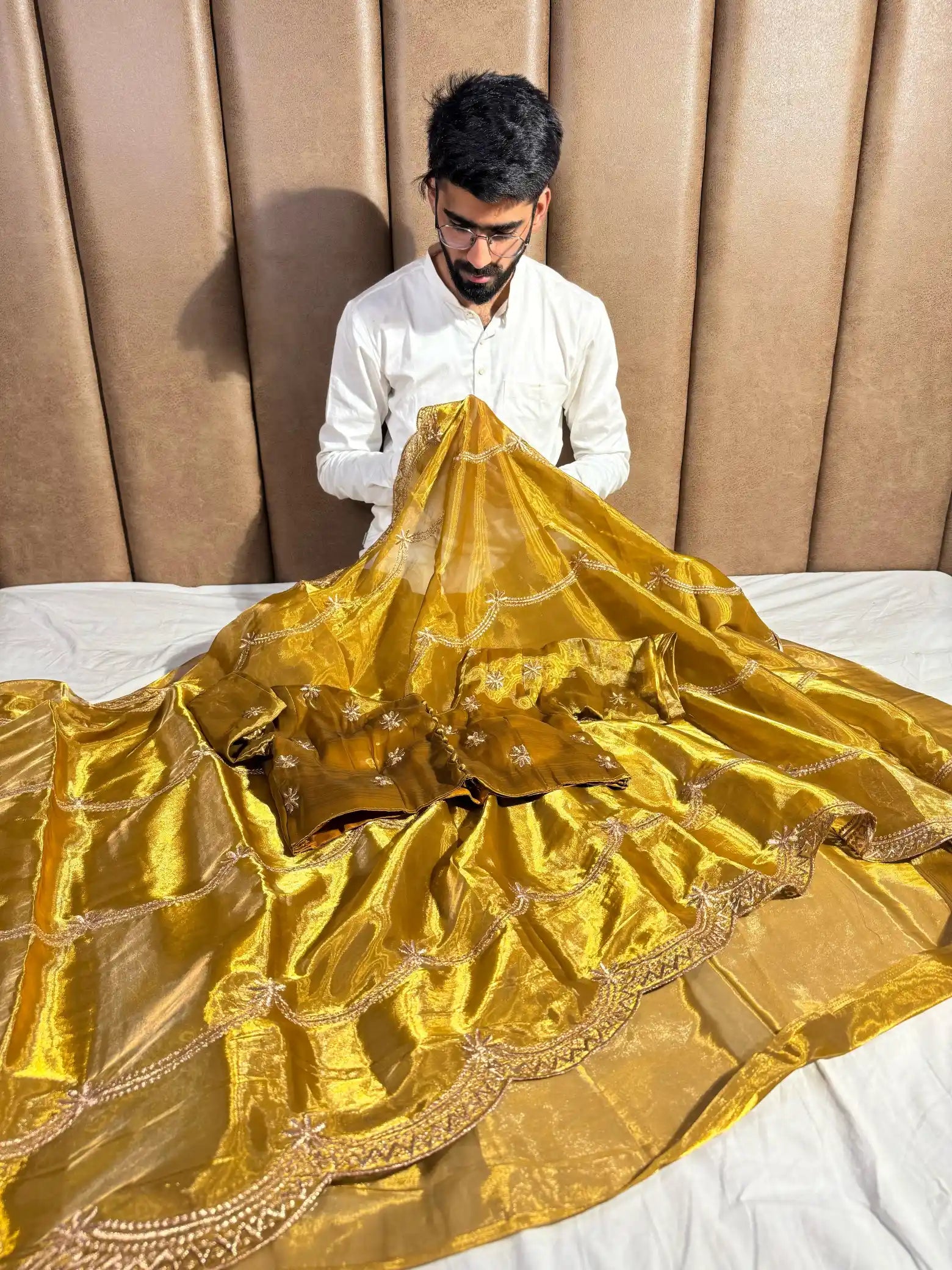 Antique Shade Shimmery Tissue Silk Designer Saree