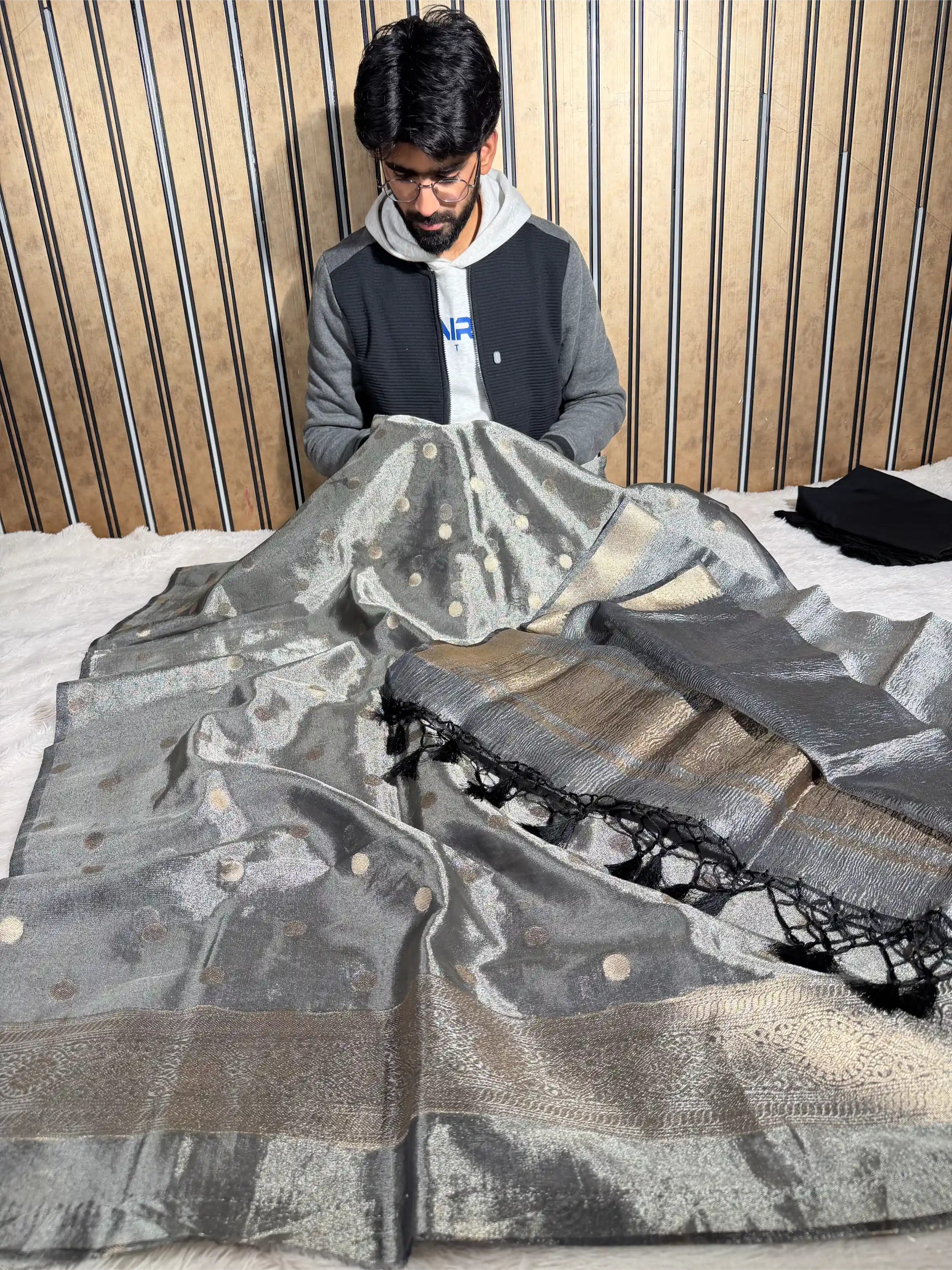 Ash Grey Kora Tissue Silk Banarasi Suit