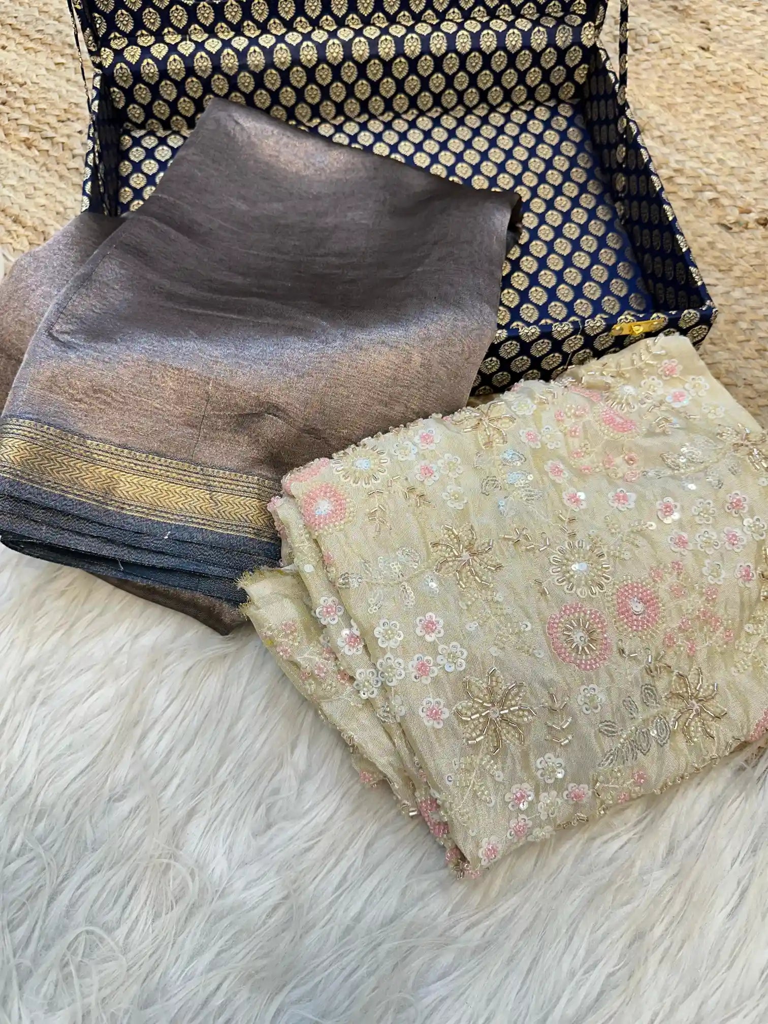 Ash Grey Pure Tissue Silk Saree with Handwork Blouse