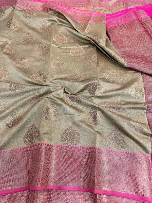 Ash Grey Soft Cotton Zari Buta Banarasi Saree