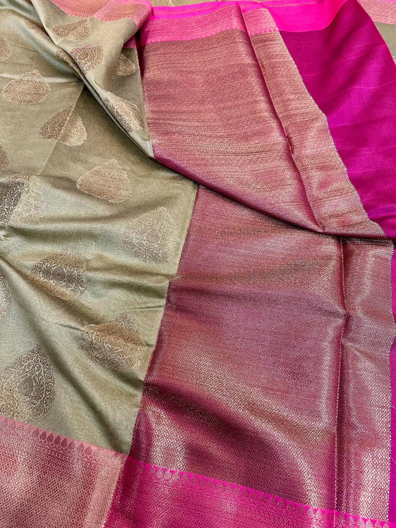 Ash Grey Soft Cotton Zari Buta Banarasi Saree