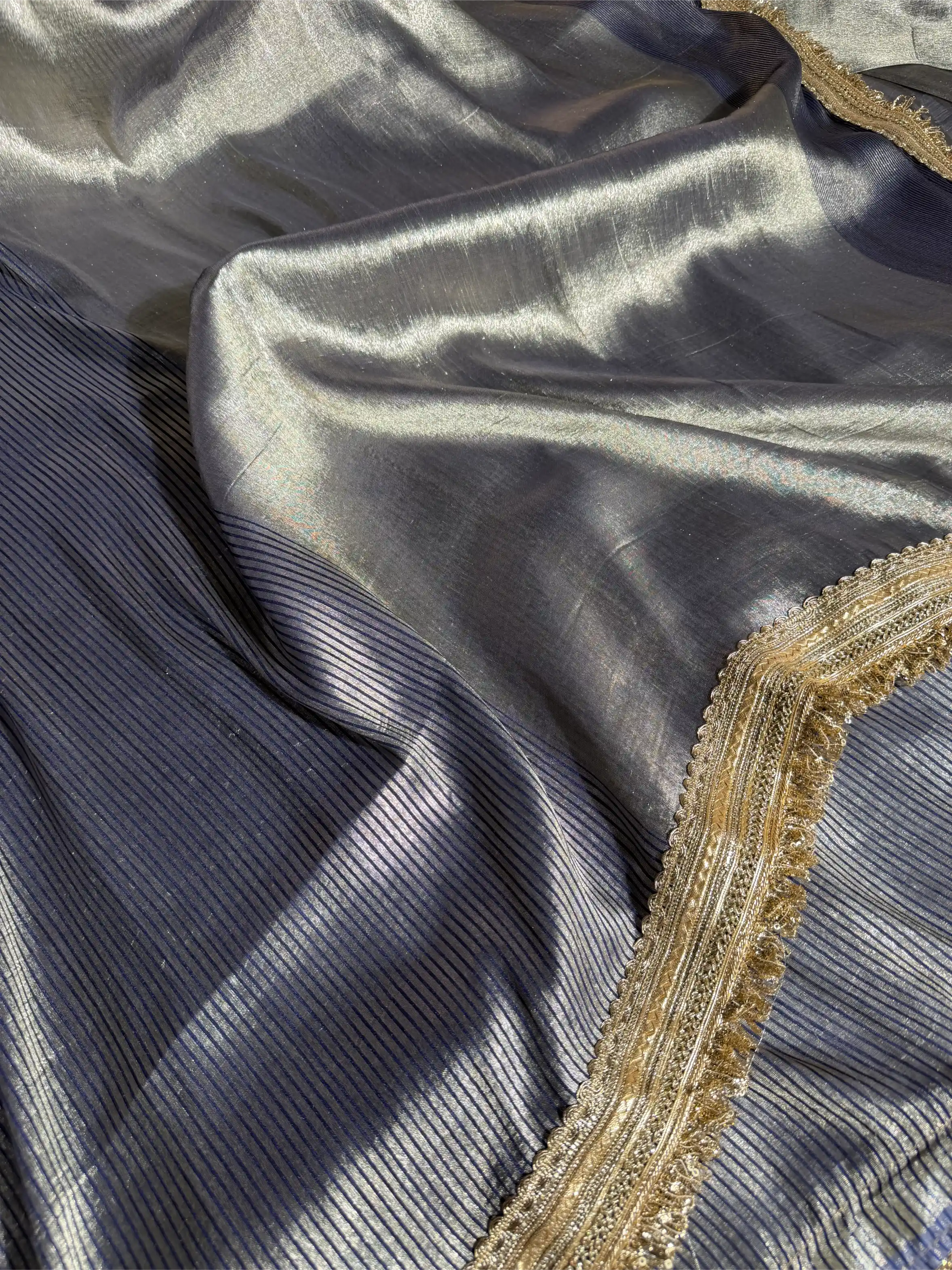 Ash Navy Pure Munga Silk Jacquard Lace Work Banarasi Saree