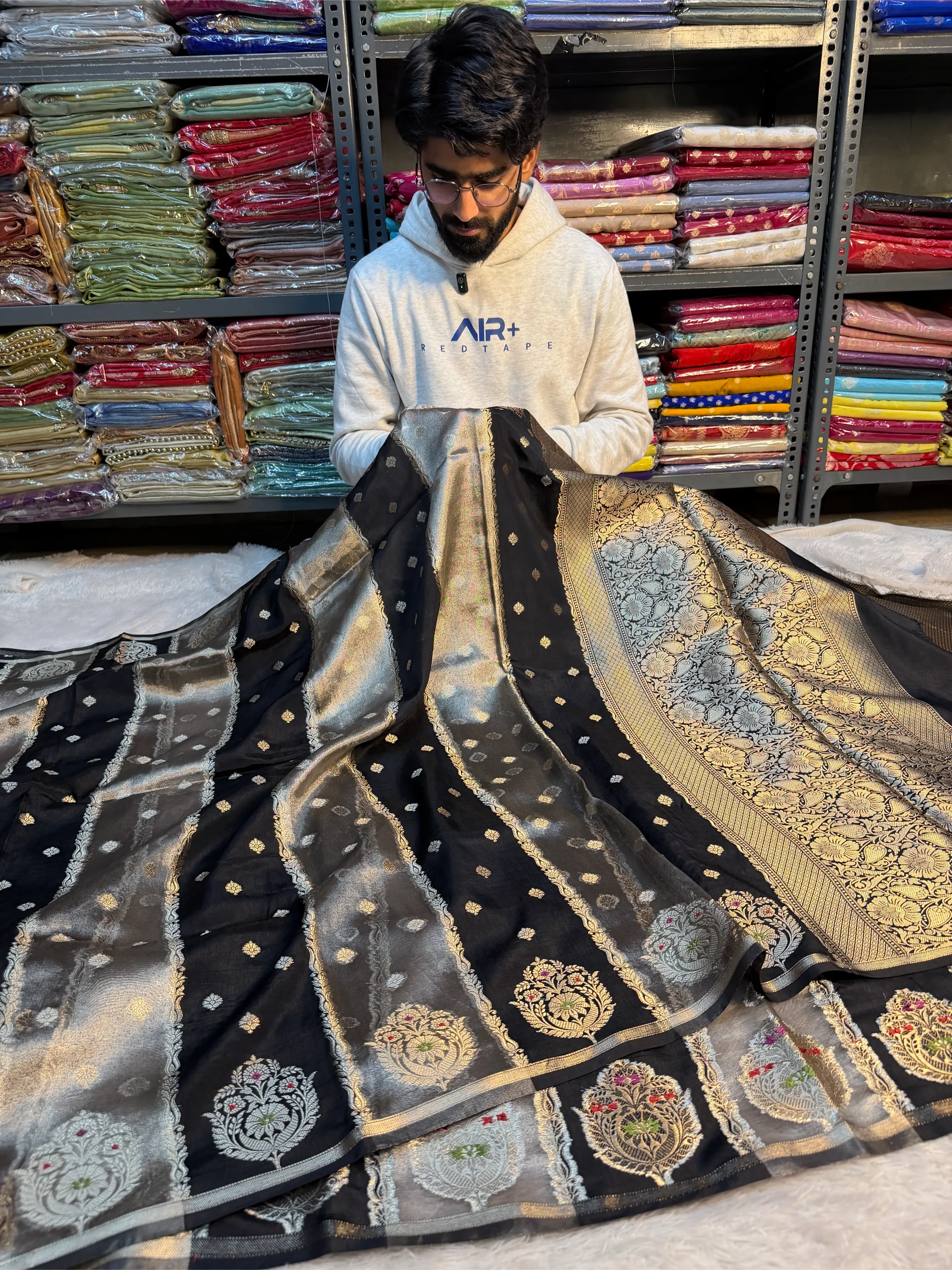 Ash Black Chinia Tissue Silk Heritage Weave Banarasi Saree 