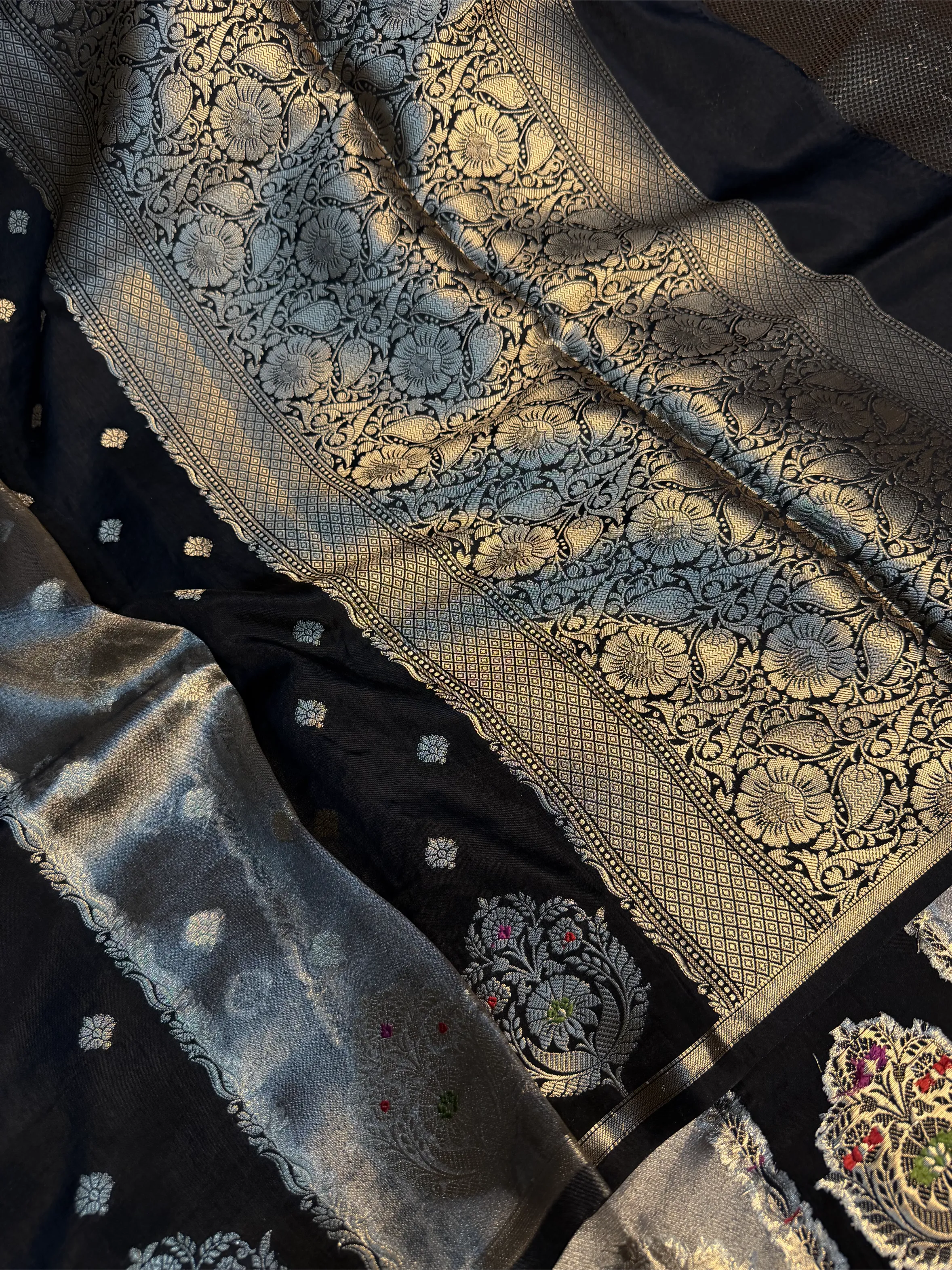 Ash Black Chinia Tissue Silk Heritage Weave Banarasi Saree 