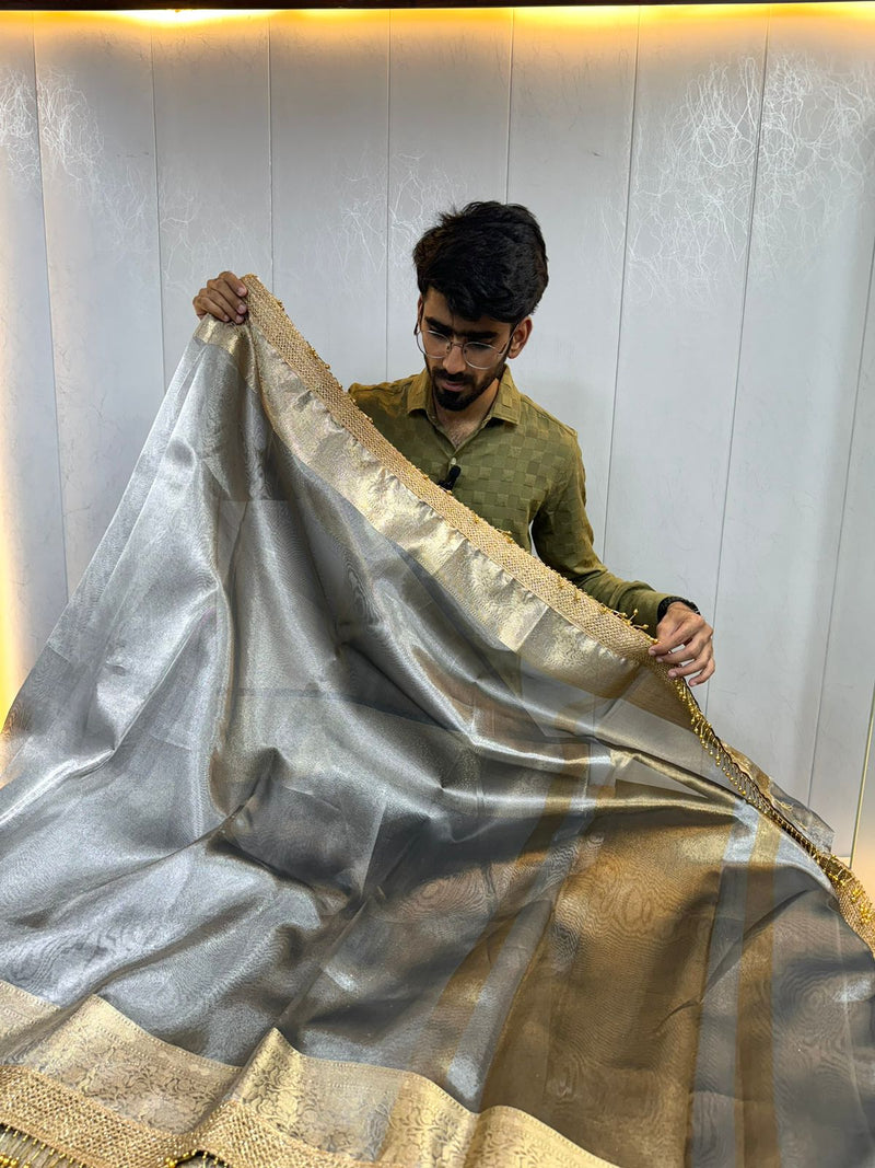 Ash Grey Shade Glass Tissue Silk Saraee with Heavy Latkans in Maharani Edition