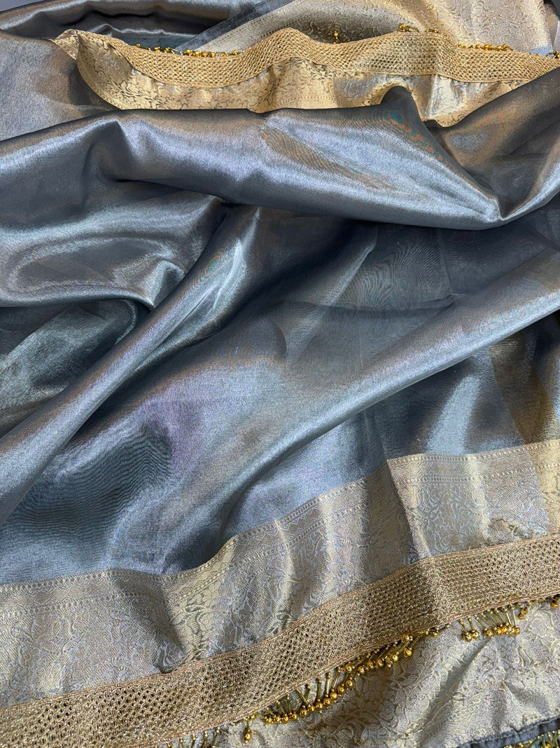 Ash Grey Shade Glass Tissue Silk Saraee with Heavy Latkans in Maharani Edition