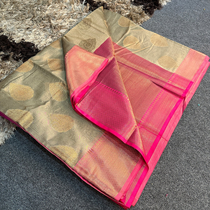 Ash Grey Soft Cotton Zari Buta Banarasi Saree