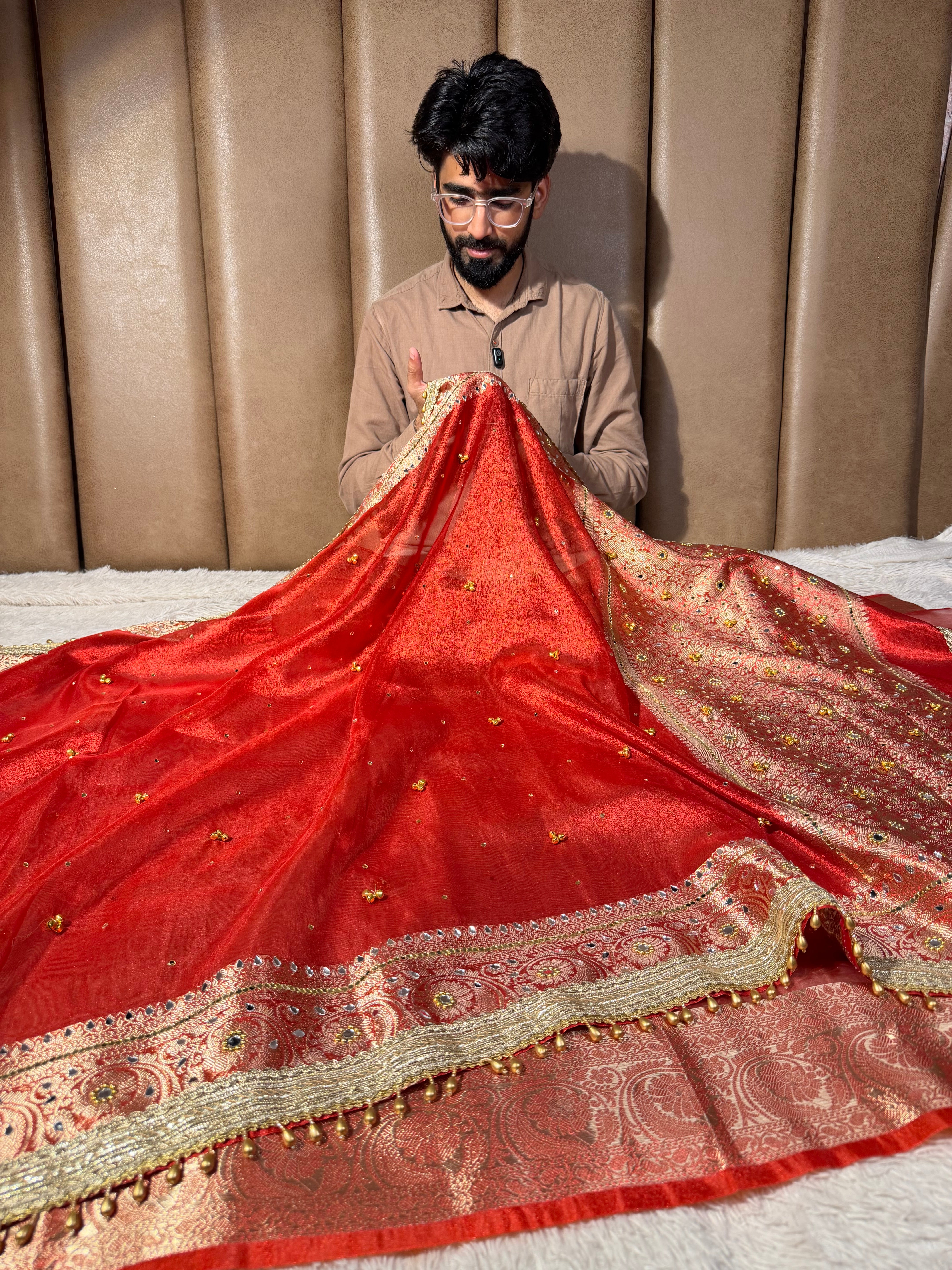 Carmine Red Kora Tissue Viral Ghungroo Saree