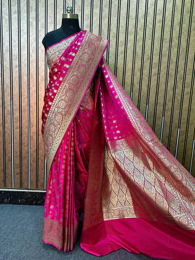 Bright Pink Satin Katan Silk Bridal Banarasi Saree