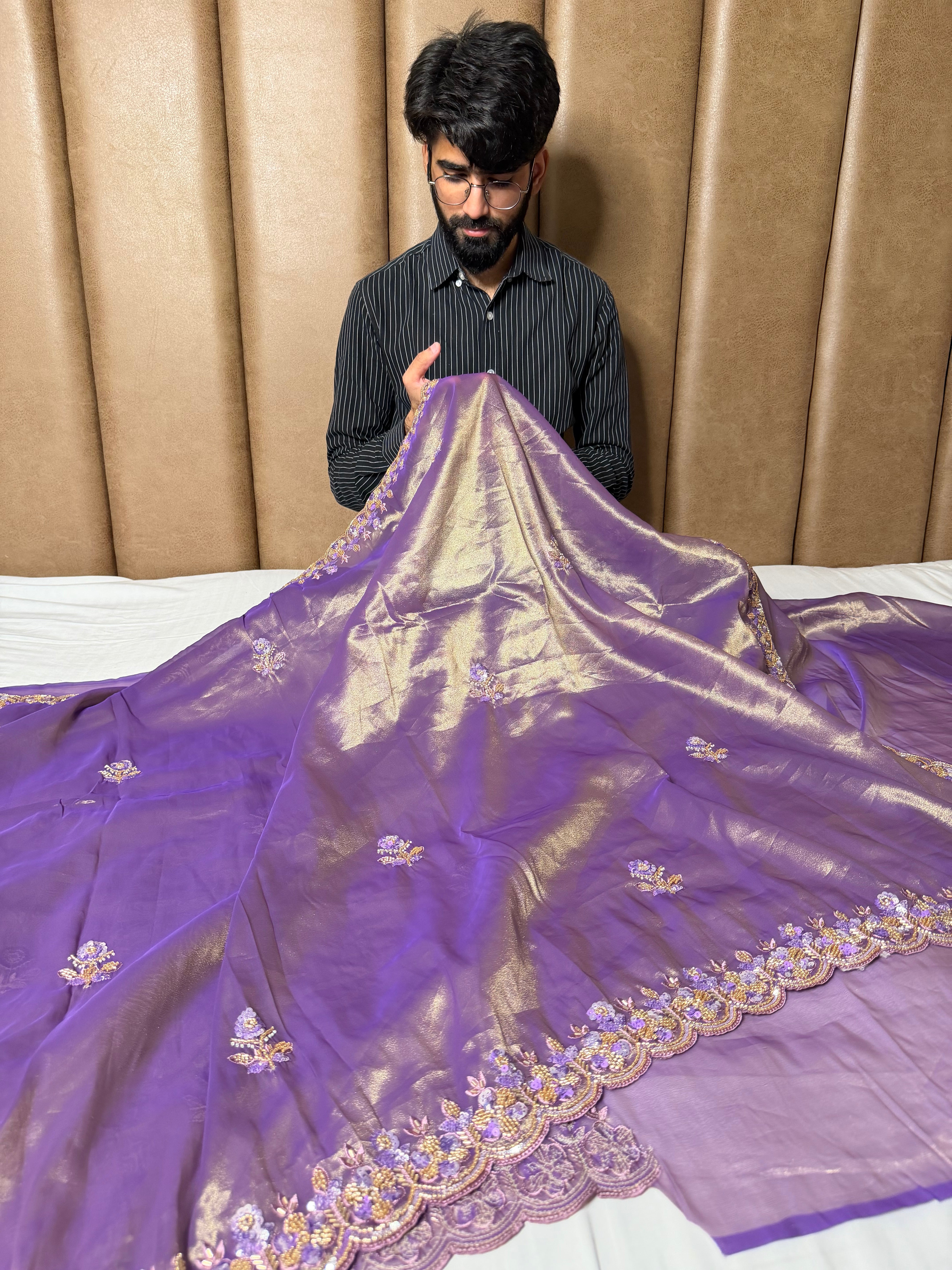 Dark Lavender Tissue Silk Banarasi Saree with Intricate Handwork and Scallop Borders