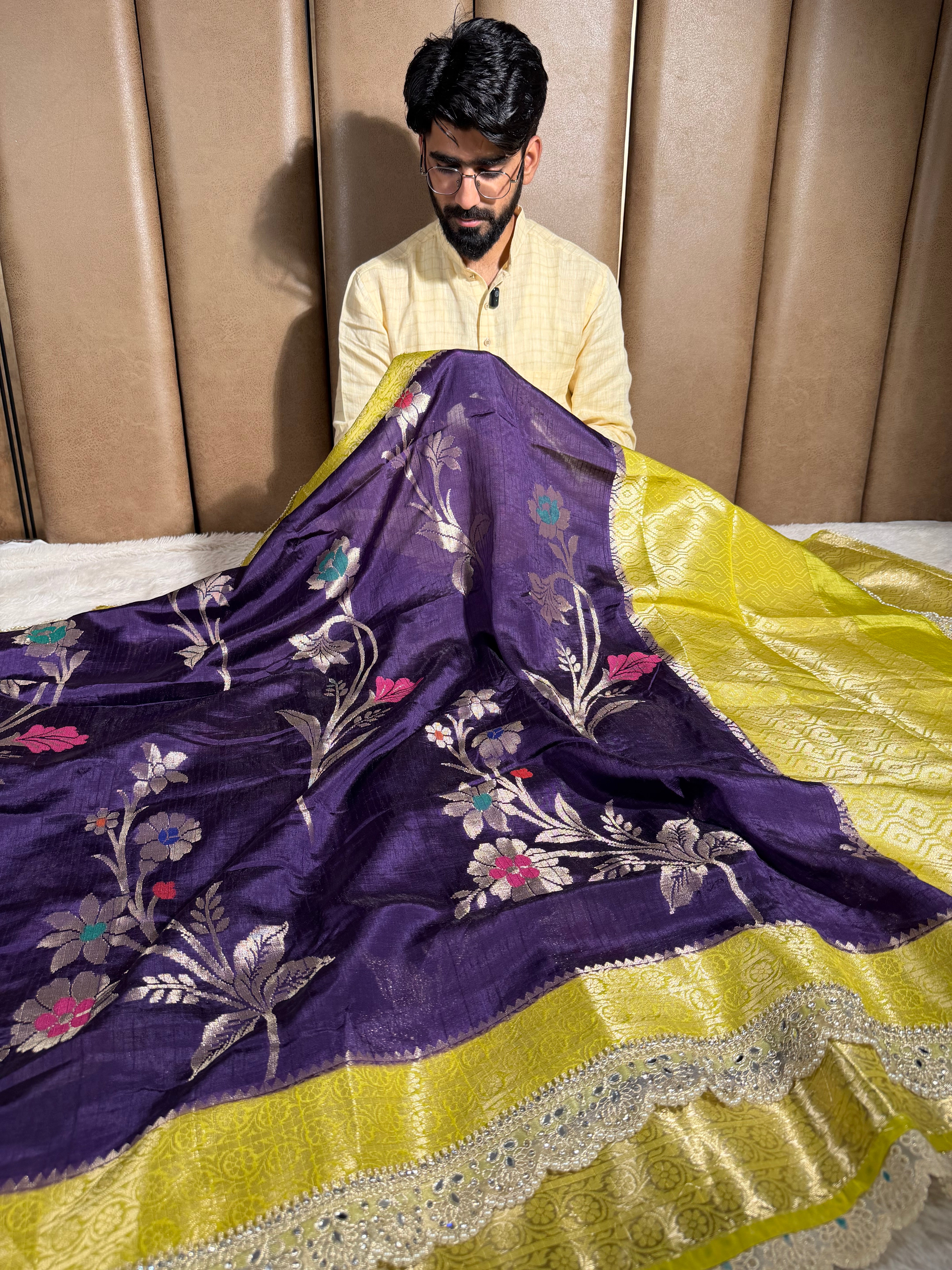 Purple Green Dupion Silk Premium Designer Saree