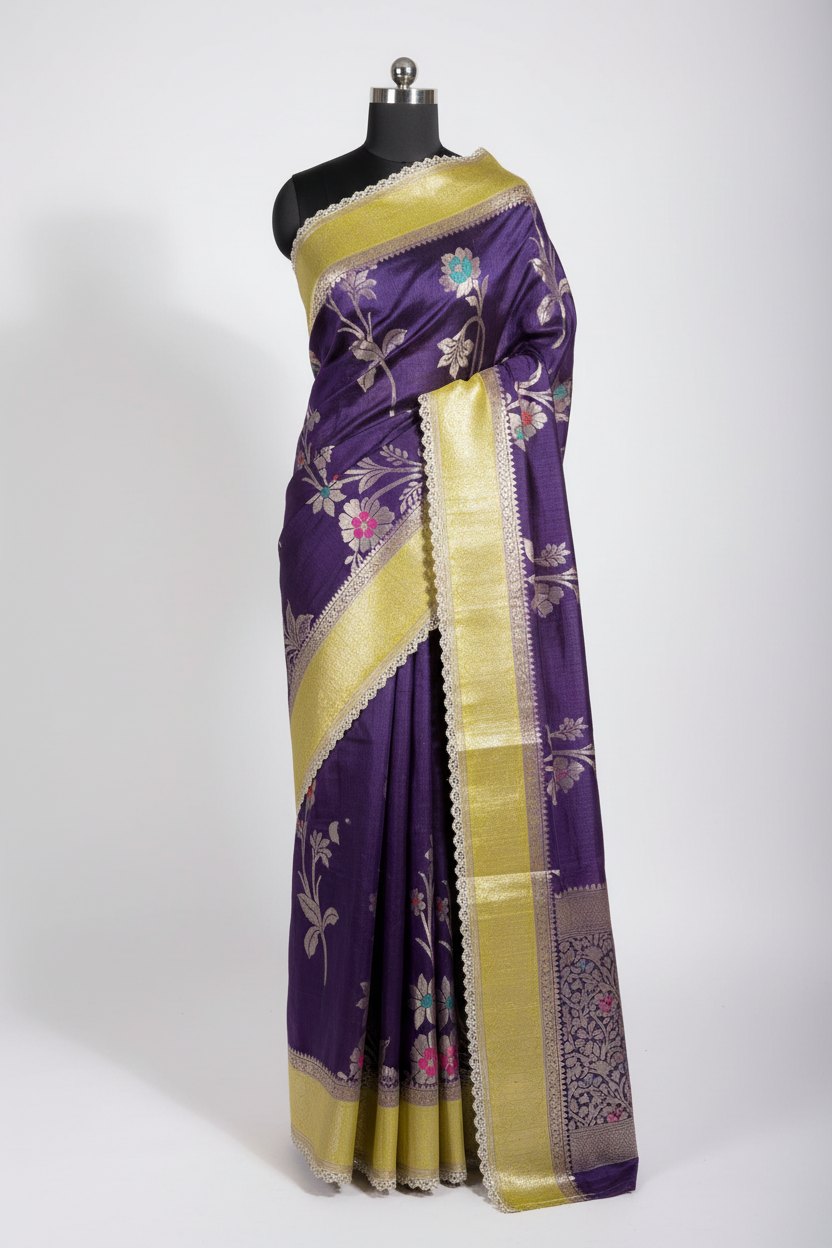 Purple Green Dupion Silk Premium Designer Saree