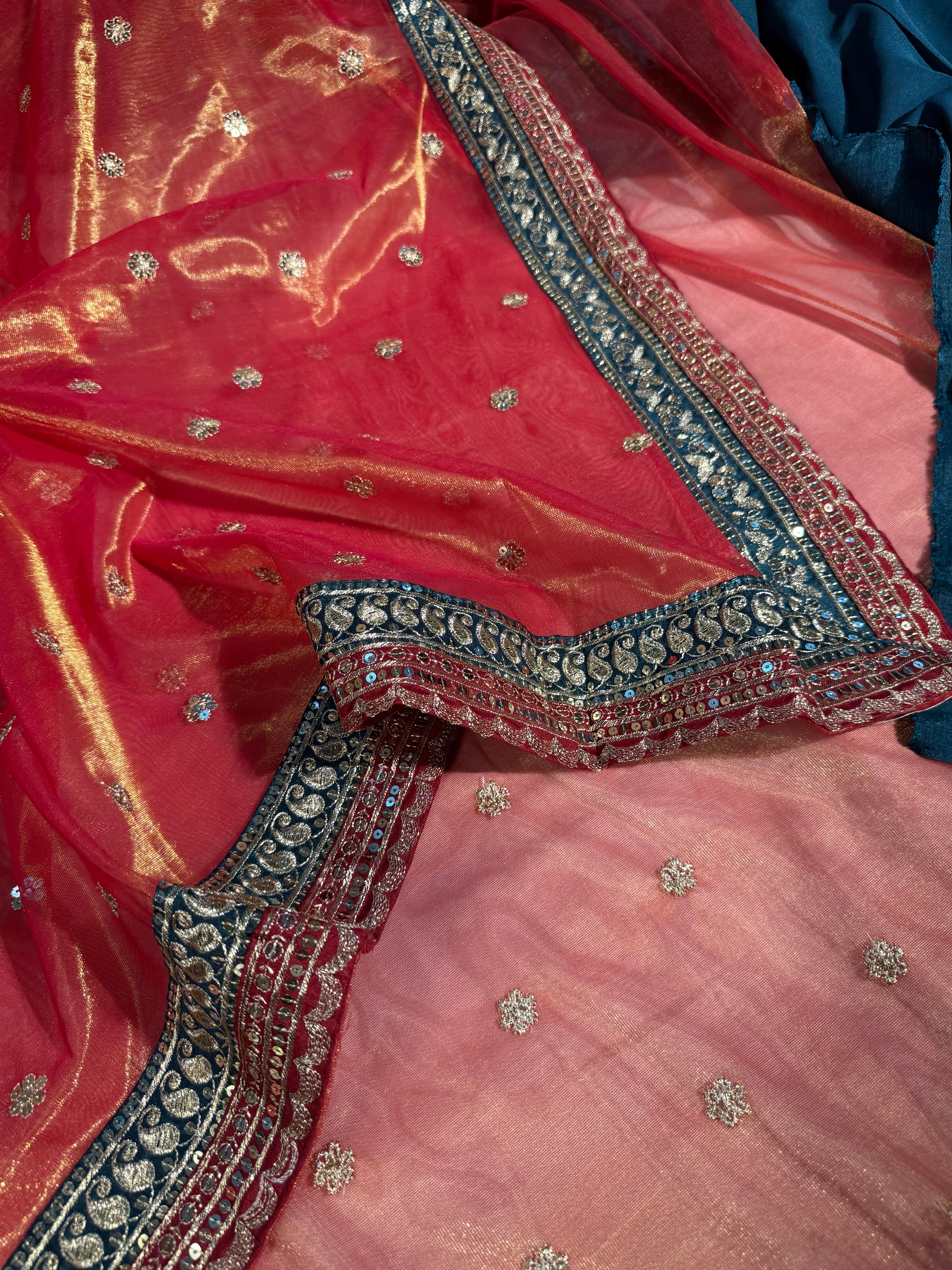 Bridal Peach Orange Shimmery Tissue Designer Saree