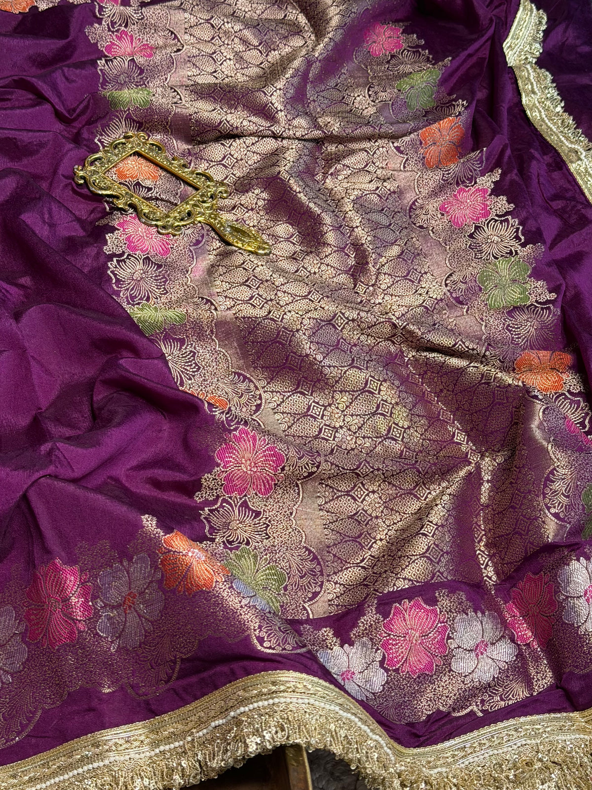 Bright Purple Warm Silk Contemporary Lace Work Saree