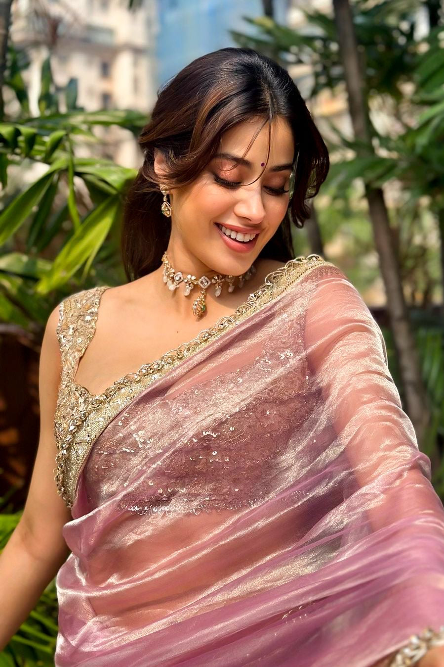Metallic Pink Tissue Silk Lace Work Banarasi Saree