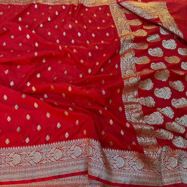 Bright Red Katan Silk Saree