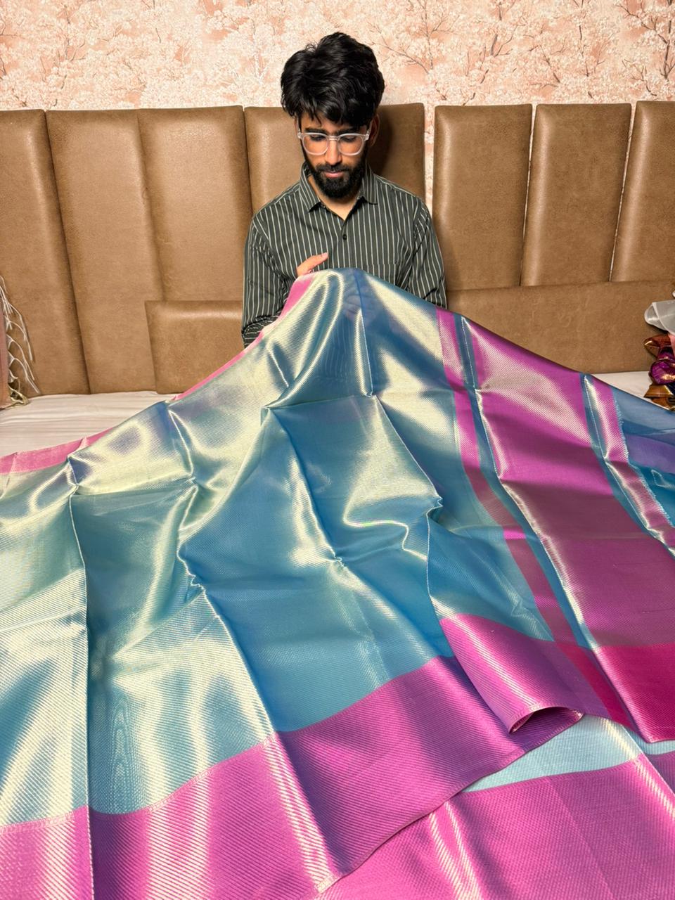 Metallic Firozi Brocade Tissue Saree
