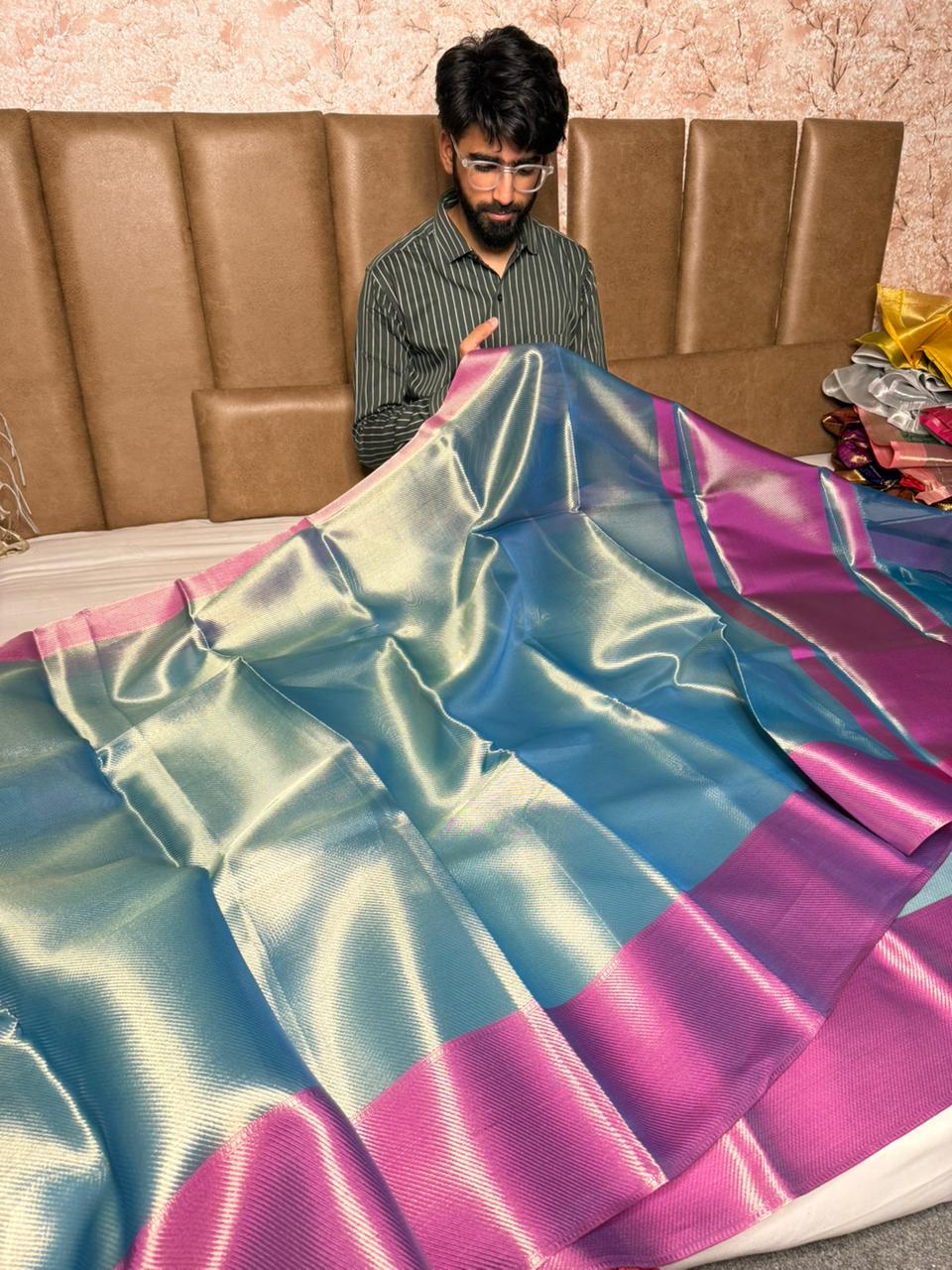 Metallic Firozi Brocade Tissue Saree