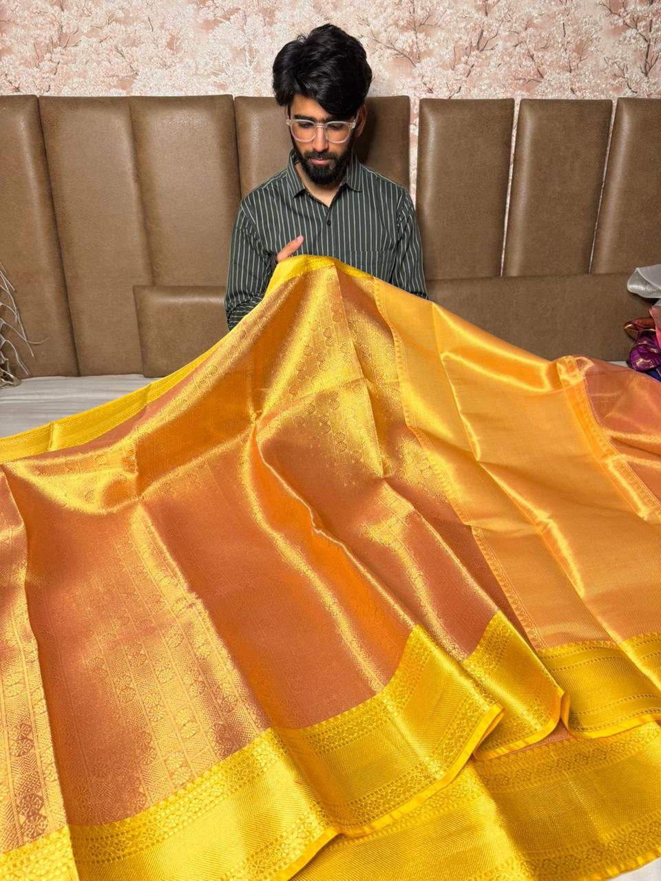 Metallic Peach Kanjivaram Brocade Tissue Saree