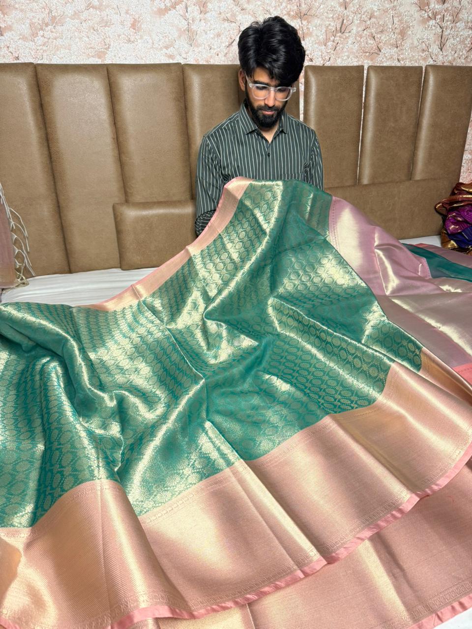 Sea Green Embossed Tissue Banarasi Saree