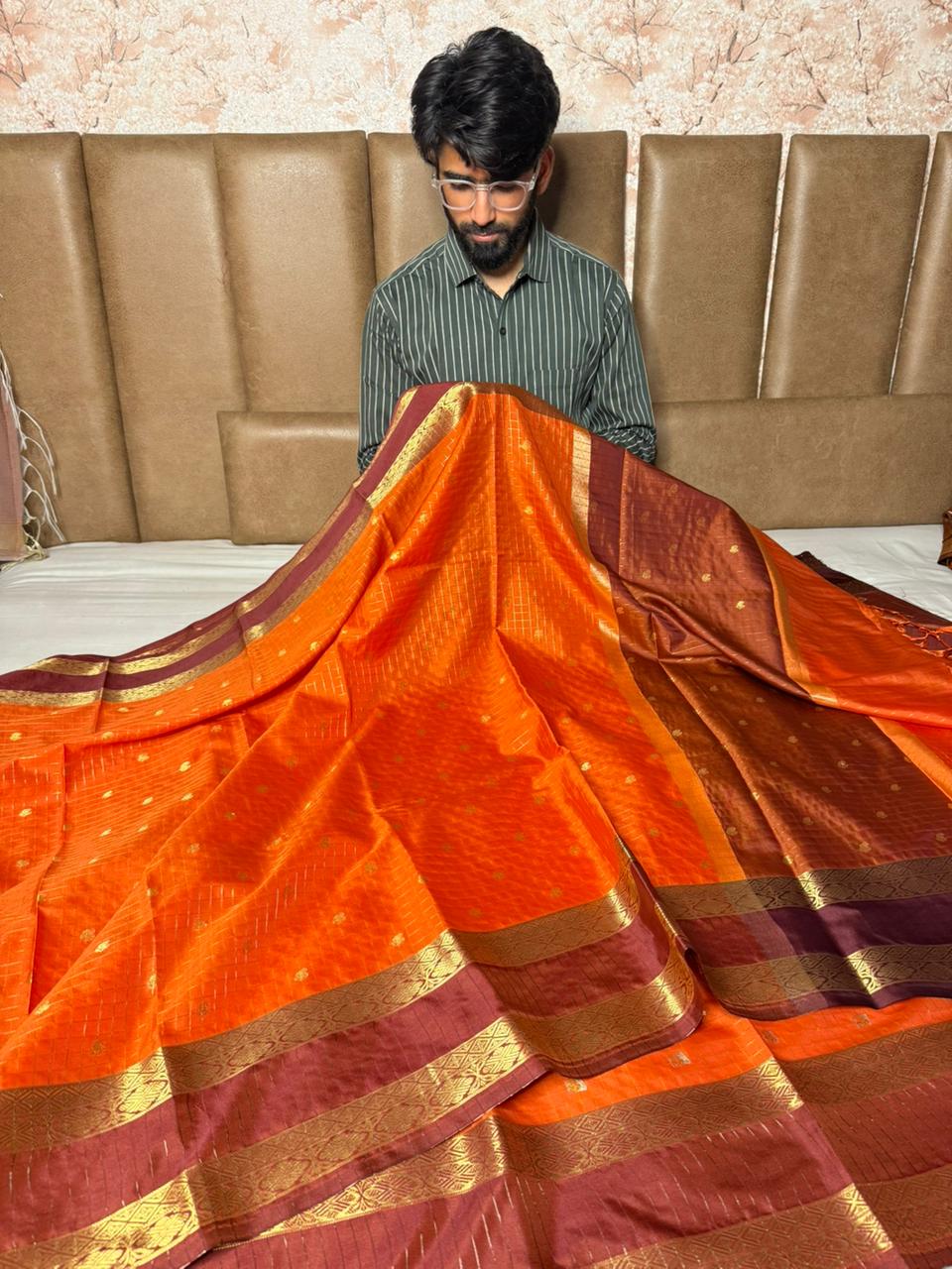 Bright Orange Checks Buti Banarasi Saree