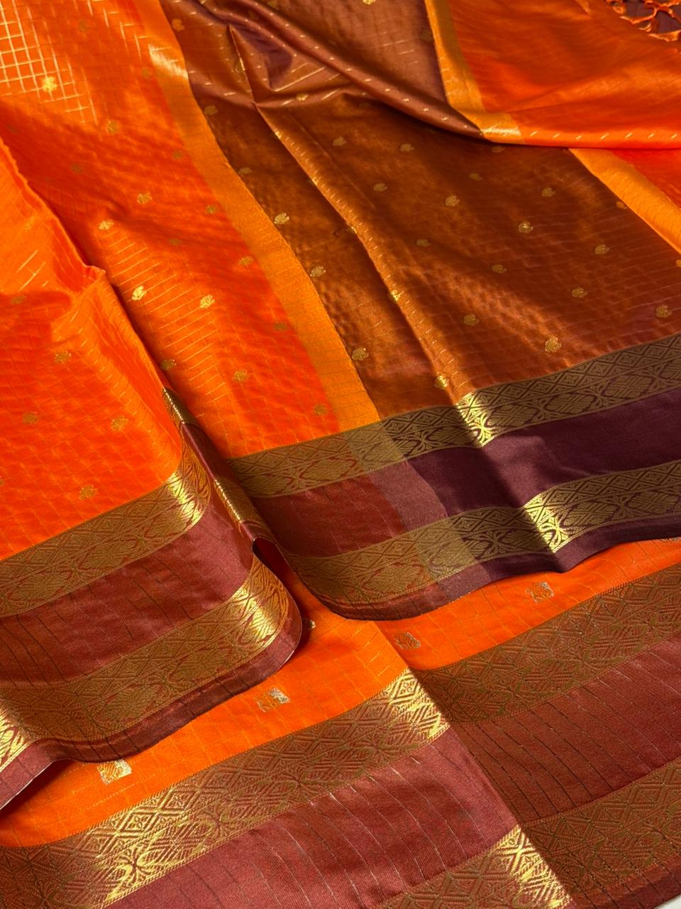 Bright Orange Checks Buti Banarasi Saree