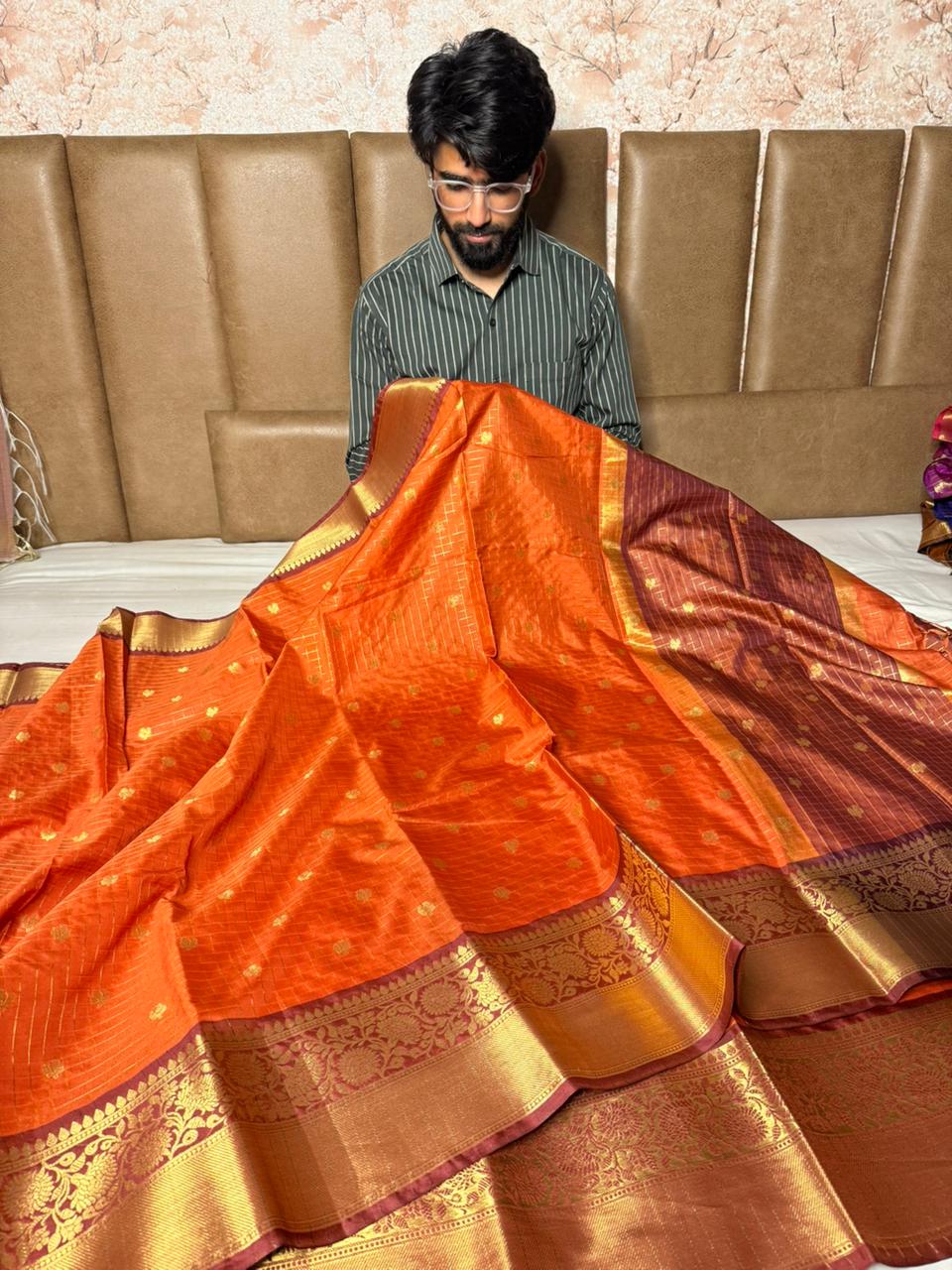 Rusted Orange Checks Buti Banarasi Saree