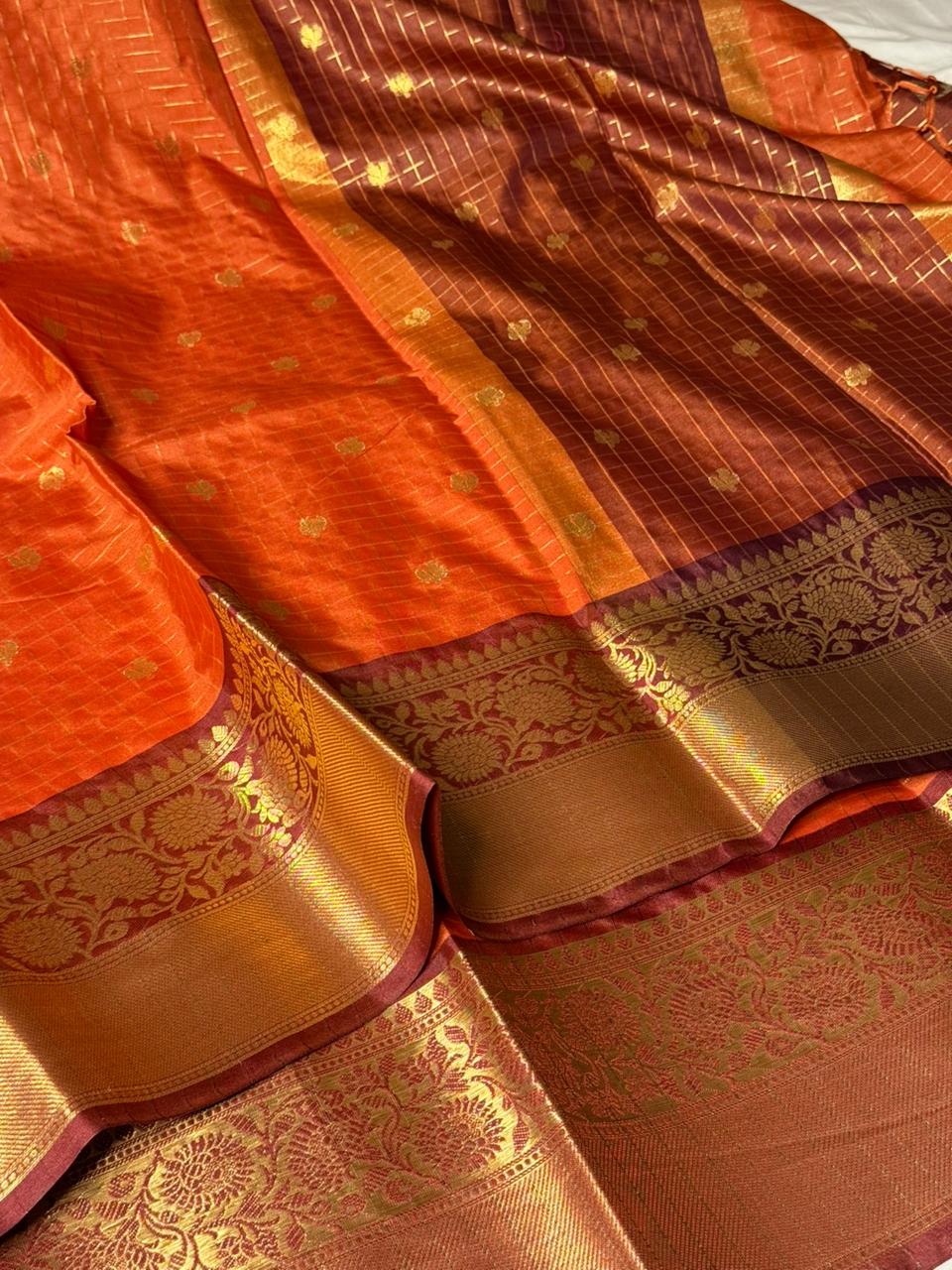 Rusted Orange Checks Buti Banarasi Saree