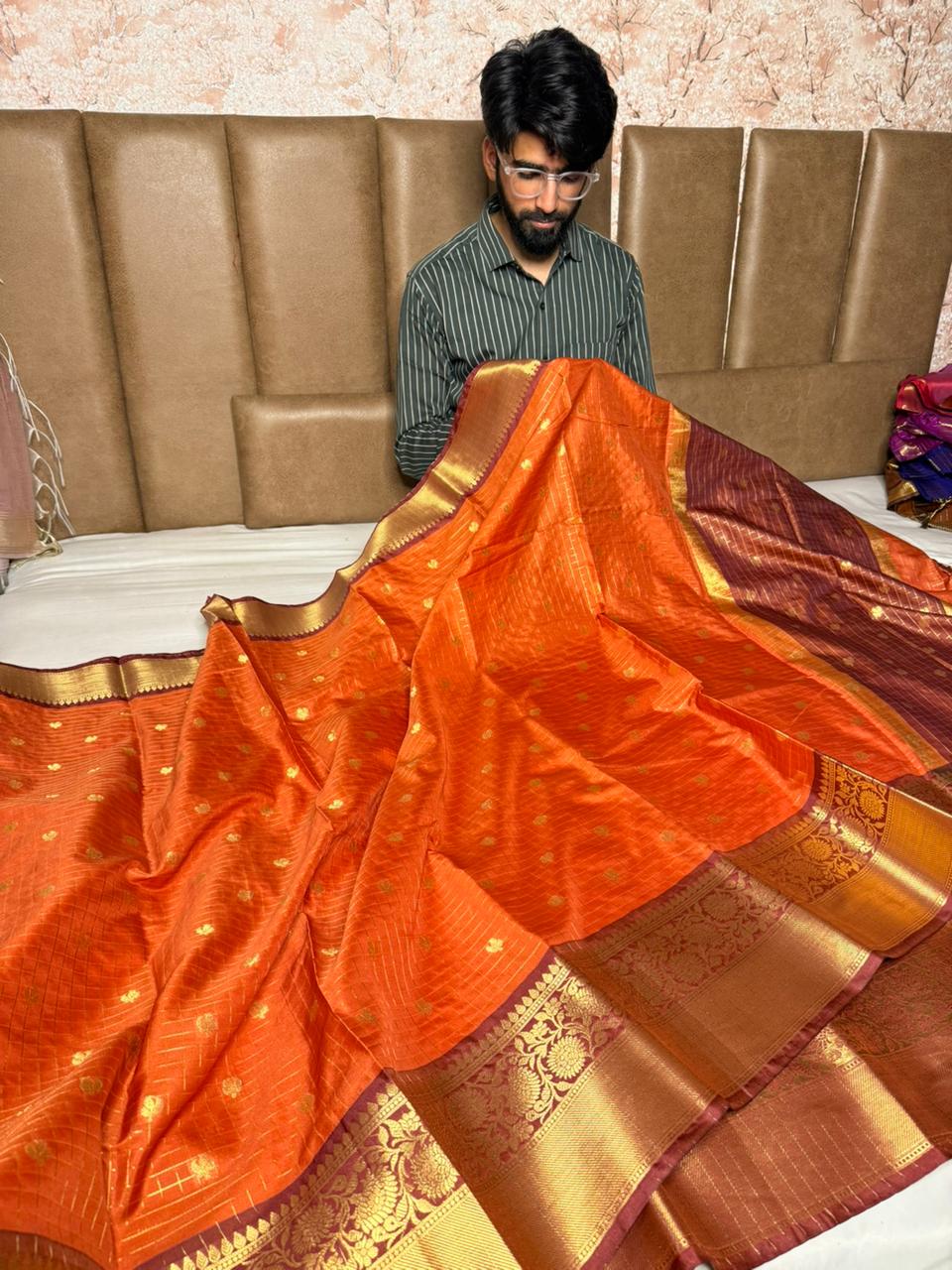 Rusted Orange Checks Buti Banarasi Saree
