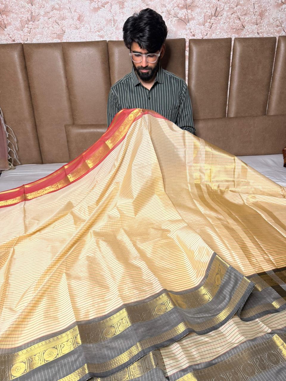Light Cream Checks Weave Traditional Saree