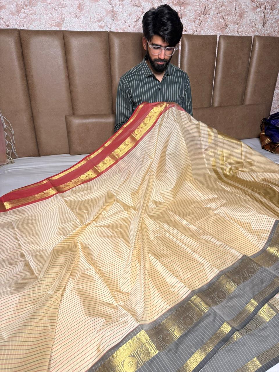 Light Cream Checks Weave Traditional Saree