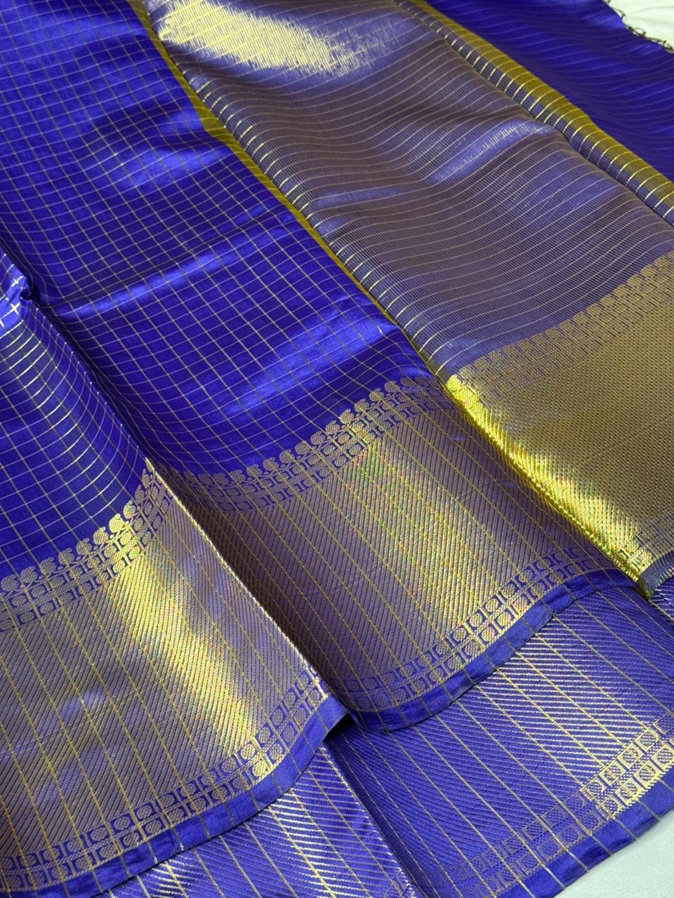 Royal Blue Heritage Checks Weave Banarasi Saree
