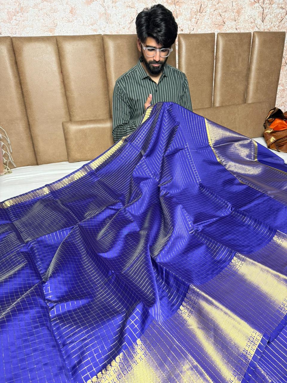 Royal Blue Heritage Checks Weave Banarasi Saree