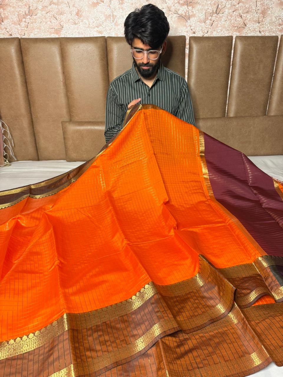 Pretty Orange Checks Weave Banarasi Saree
