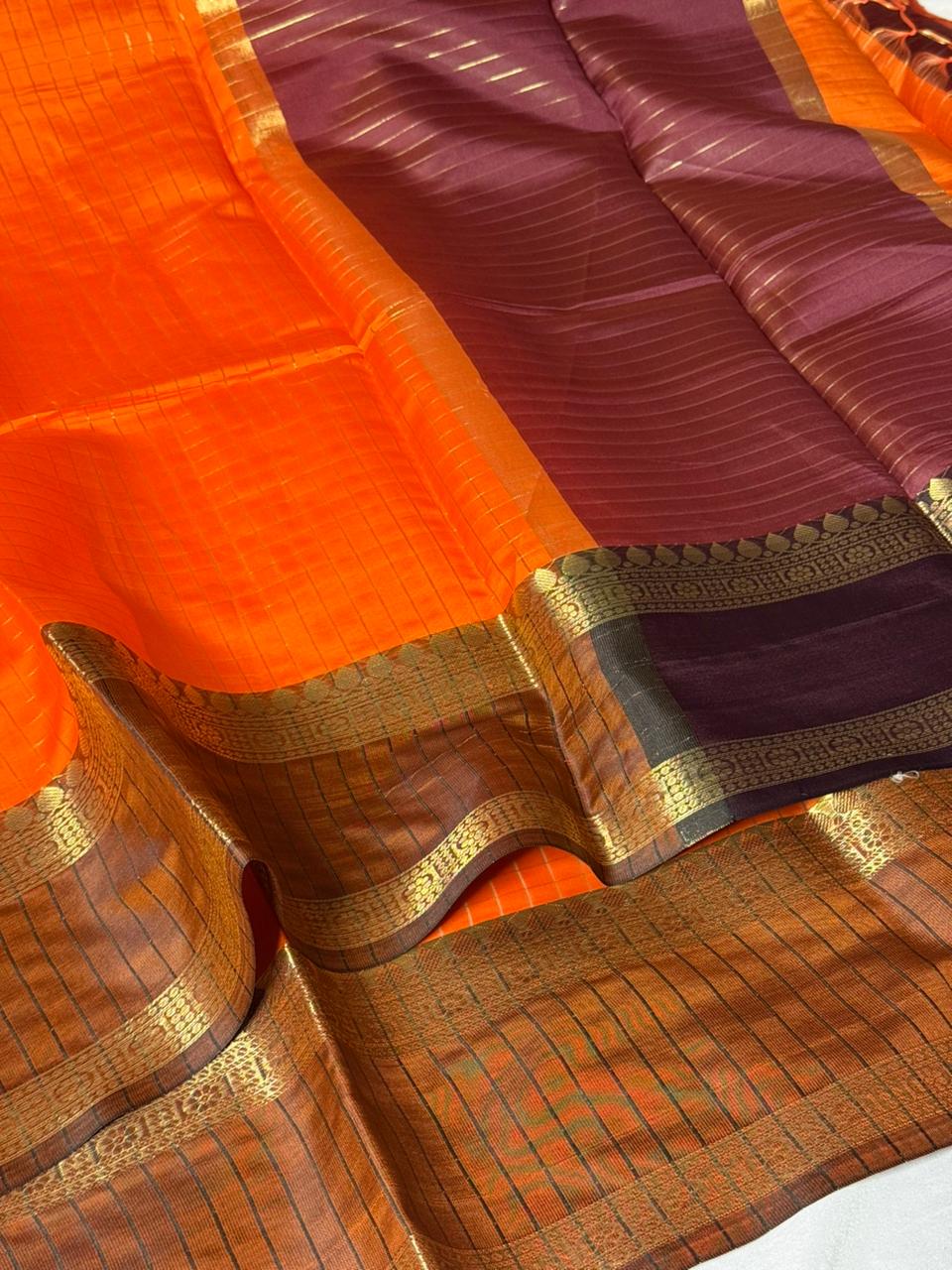 Pretty Orange Checks Weave Banarasi Saree