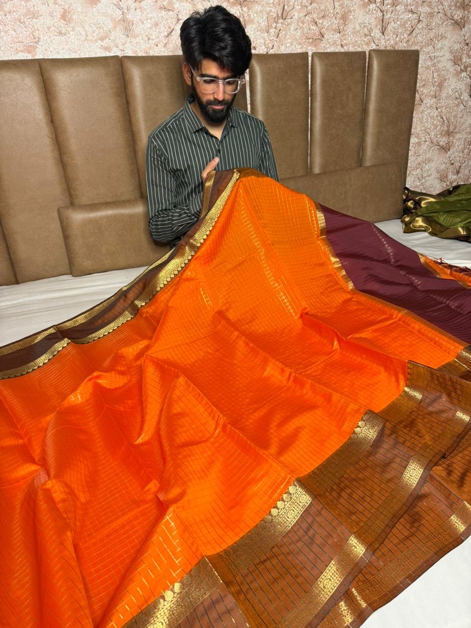 Pretty Orange Checks Weave Banarasi Saree