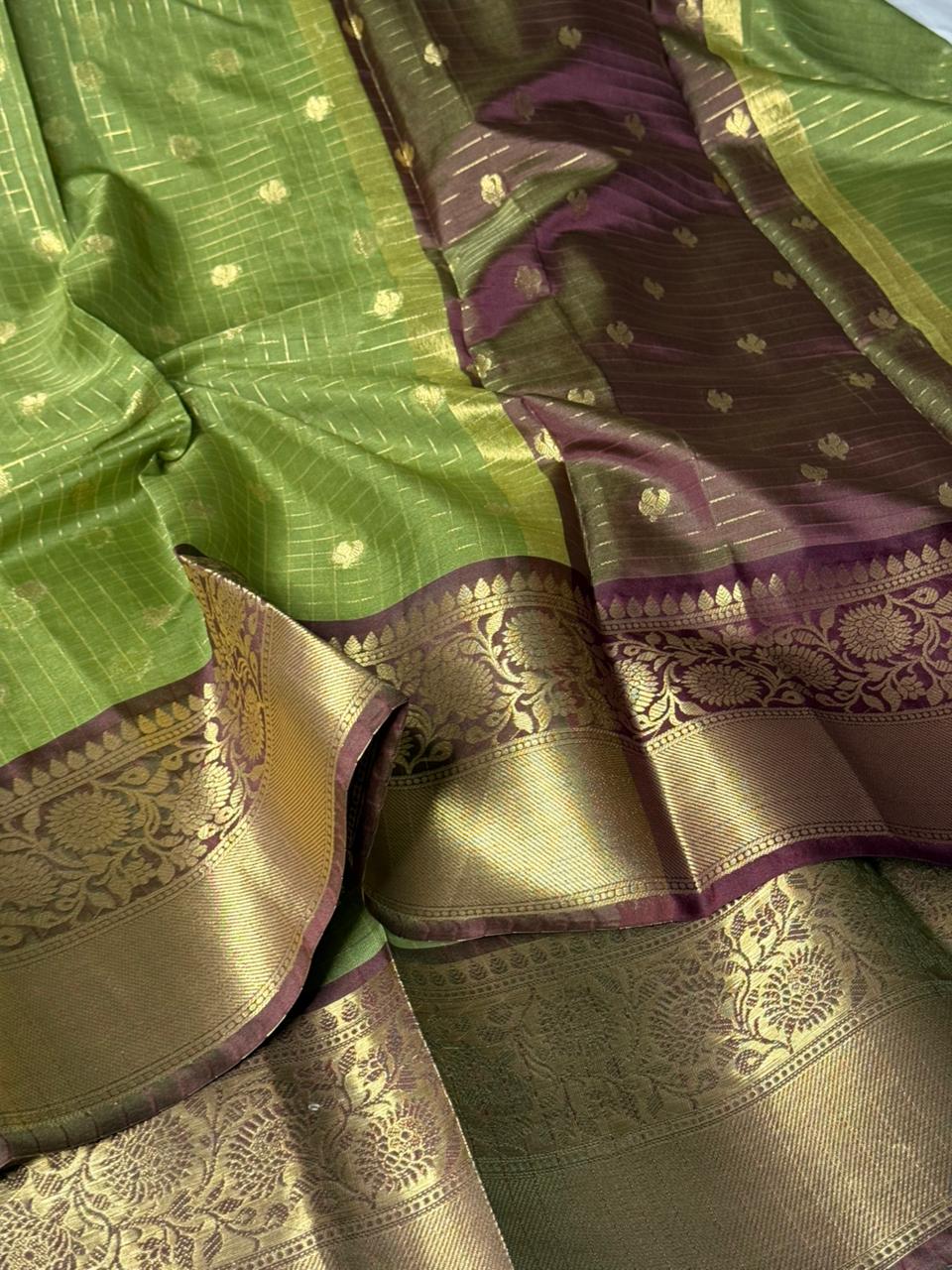 Mehendi Green Checks Buti softsilk Saree