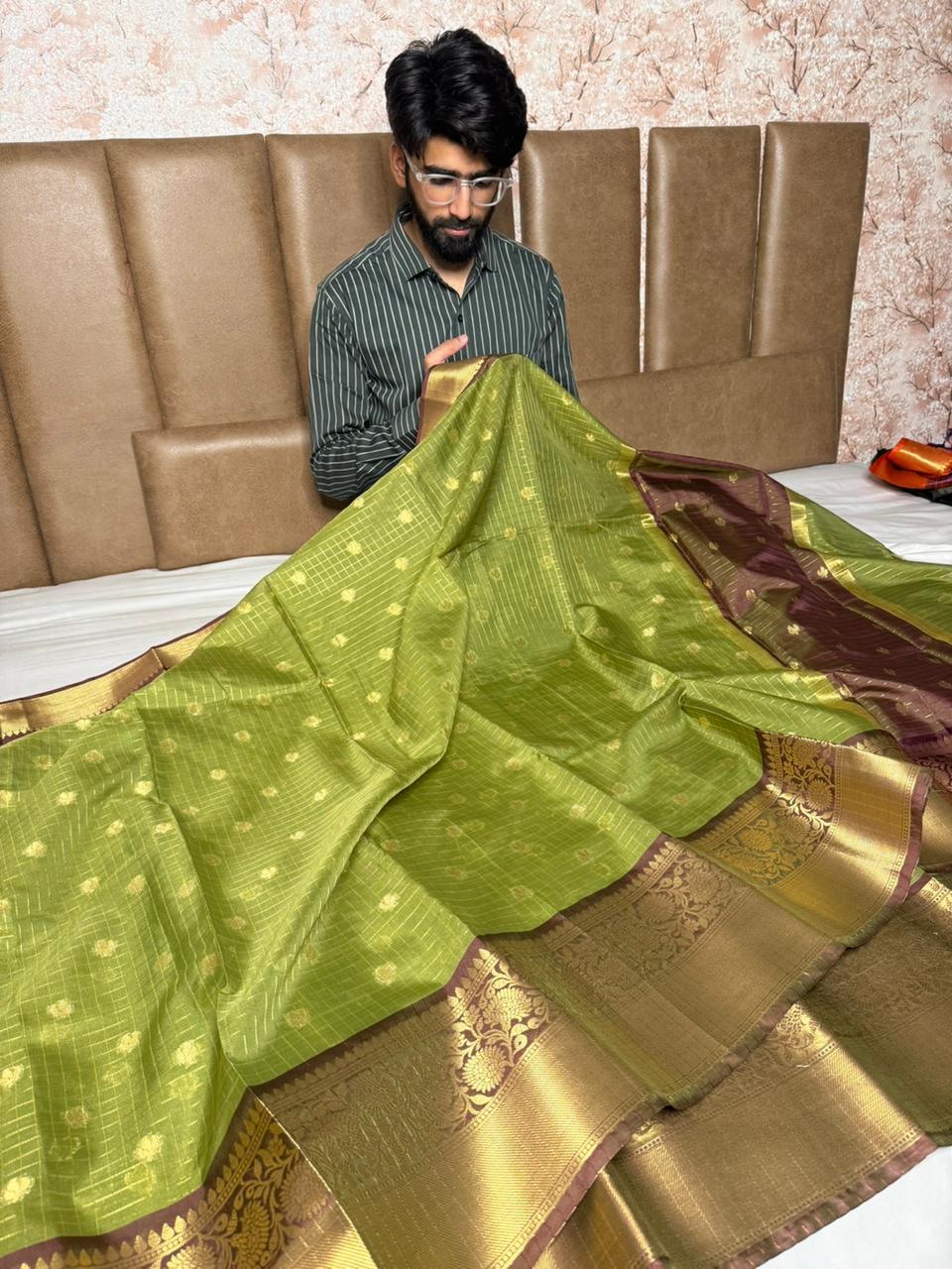 Mehendi Green Checks Buti softsilk Saree