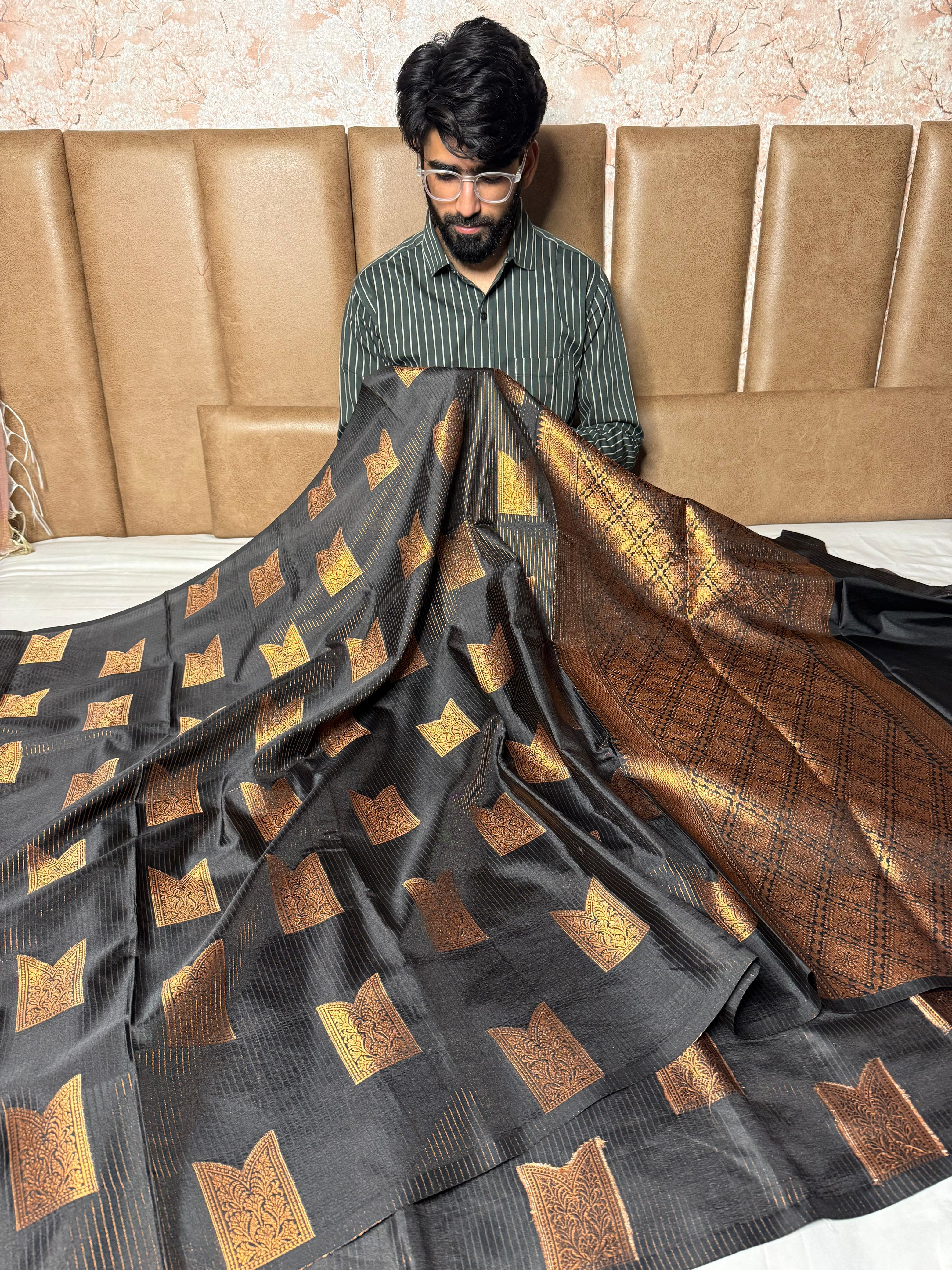 Jet black Contemporary Weave Softsilk Saree