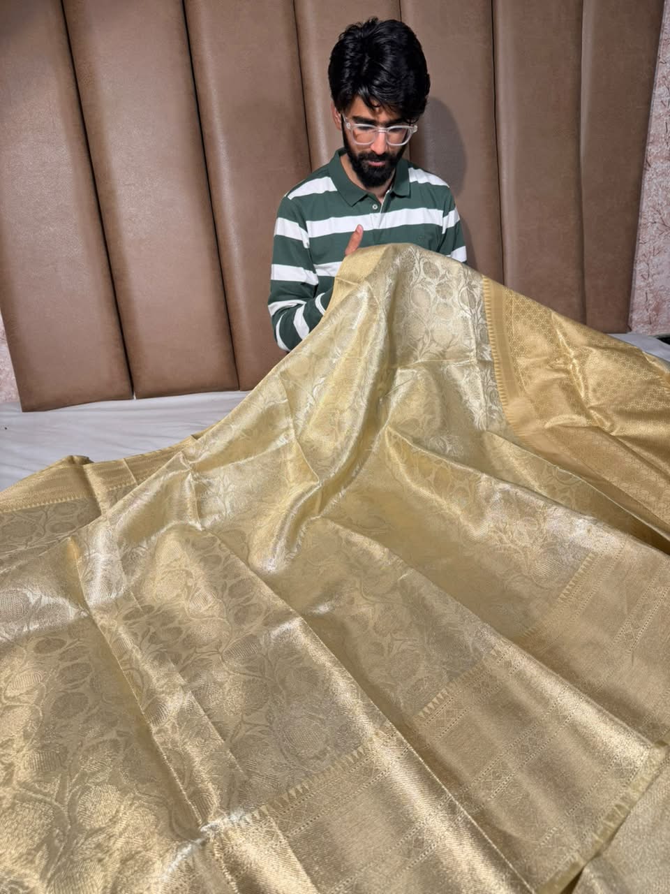 Light Gold Embossed Floral Tissue Saree