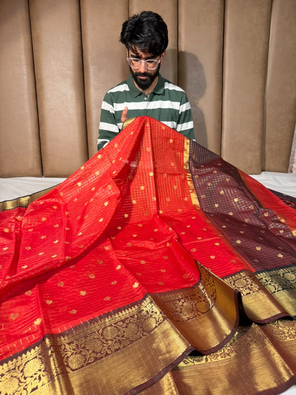 Bright Red Checks Buti Banarasi Silk Saree